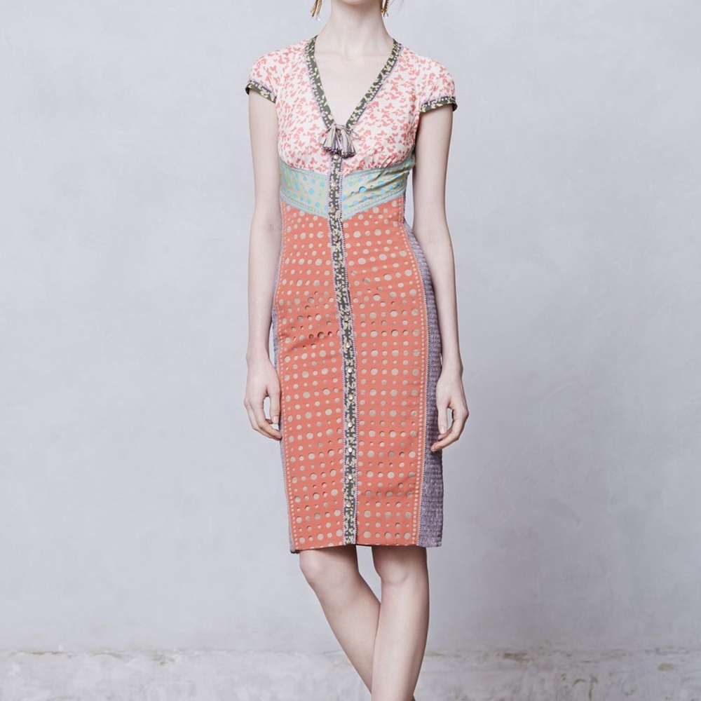 Anthropologie Coral and White Patterned Midi Dress bEGUILE by Byron Lars.